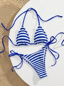 PEPPERMOLLY Women's Striped Halter Tie High Waist Bikini Set Vacation - Blue and White - View 4