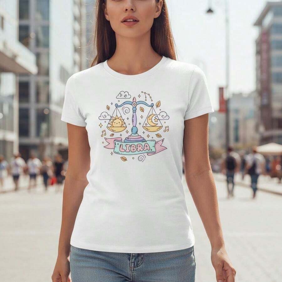 Camiseta Encantadora con Diseño del Zodíaco Libra - Ropa con Gráficos Astrológicos Elegantes - Blanco - Ver 1