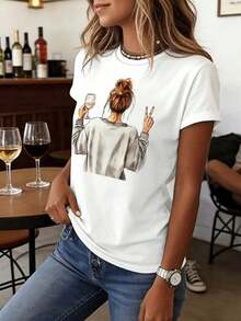 Camiseta Casual con Estampado Gráfico de Arte del Vino, Manga Corta, Cuello Redondo, Top Casual para Verano y Primavera, Ropa de Mujer, 100% Algodón, Duradera - Blanco - Ver 3
