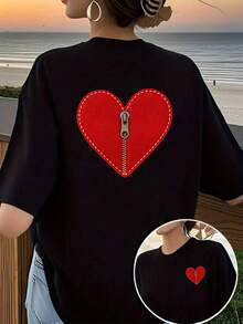 Printed T-Shirt With Designs On The Front And Back, Heart-Shaped Zipper Closure, Valentine's Day Gift Design, Round Neck, Short Sleeves,  And Casual Style, Double-Sided Printed Top For Women. Elegant Party Outfit, T-Shirt For Stylish Ladies, Blouses Suitable For Curvy Women, Prom Skirts, Casual Wear - 黑色 - 查看 7