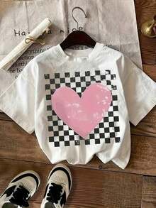Camiseta Casual de Talla Grande, Oversize, con Estampado de Corazones y Cuadros para el Día de San Valentín - Blusa Casual de Manga Corta y Cuello Redondo, Ropa Casual para Primavera, Verano y Otoño, Regalo Adecuado, Lavable a Máquina, Camiseta con Estampado de Corazones, Manga Larga - Blanco - Ver 6