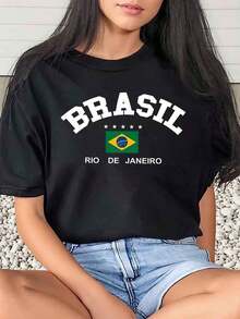 1 Piece Women's T-Shirt With Brazil And Rio De Janeiro Flag Print, For Carnival, Daily Use, Round Neck, Short Sleeve, Soft And Comfortable, 220g/180g, 100% Cotton - 黑色 - 查看 10