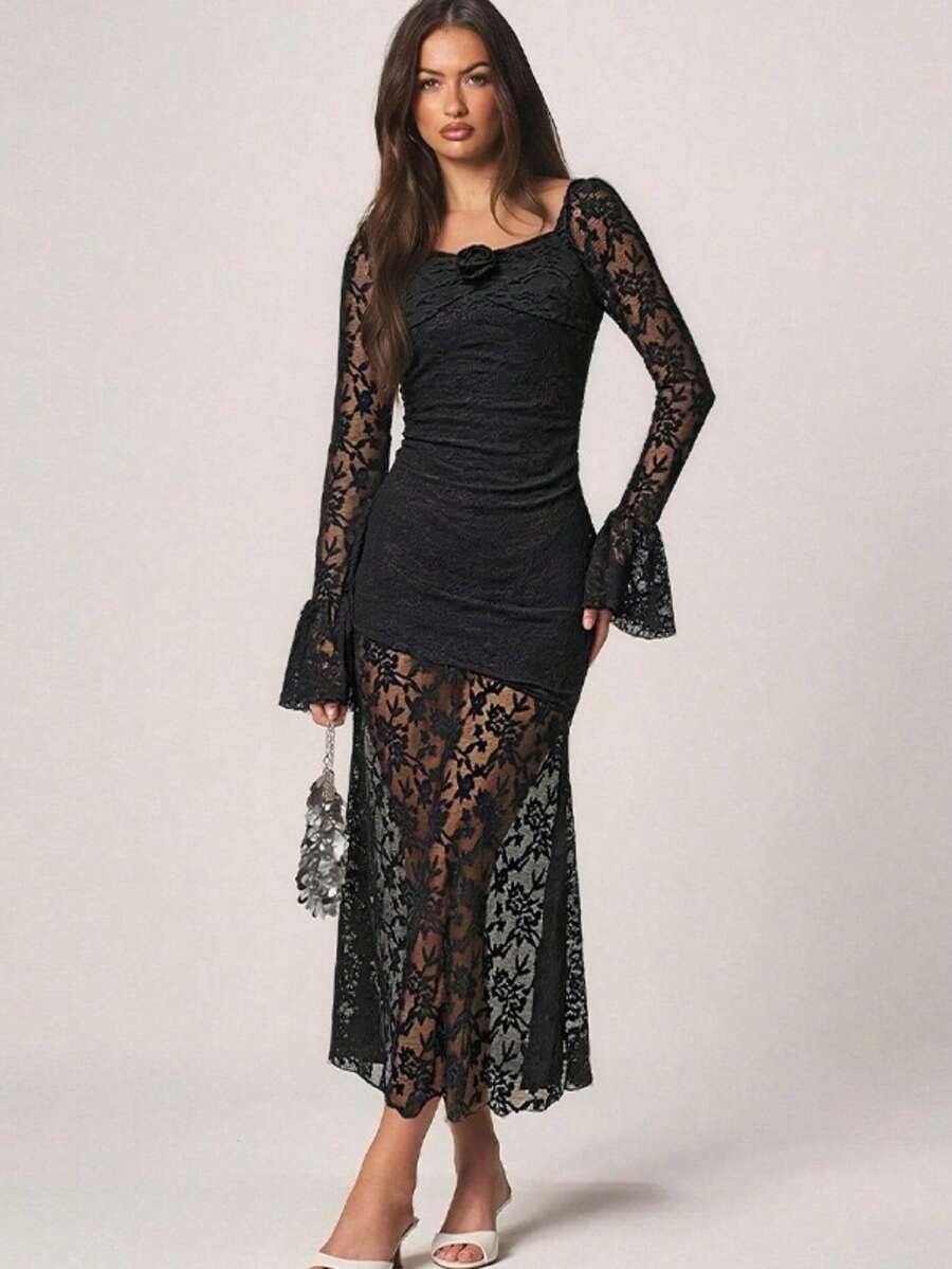 Vestido ajustado de encaje manga larga estilo sensual - Negro - Ver 1