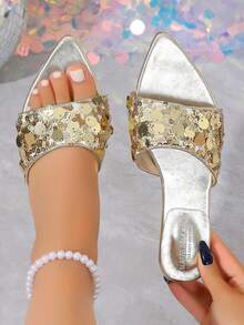 Dép lê đế bằng mũi nhọn đính sequin mới năm 2026, dép sandal hở mũi bóng bẩy một quai dành cho nữ, dép đi trong nhà mùa hè đa năng, thích hợp cho các bữa tiệc, hoạt động ngoài trời. - Vàng - Xem 7