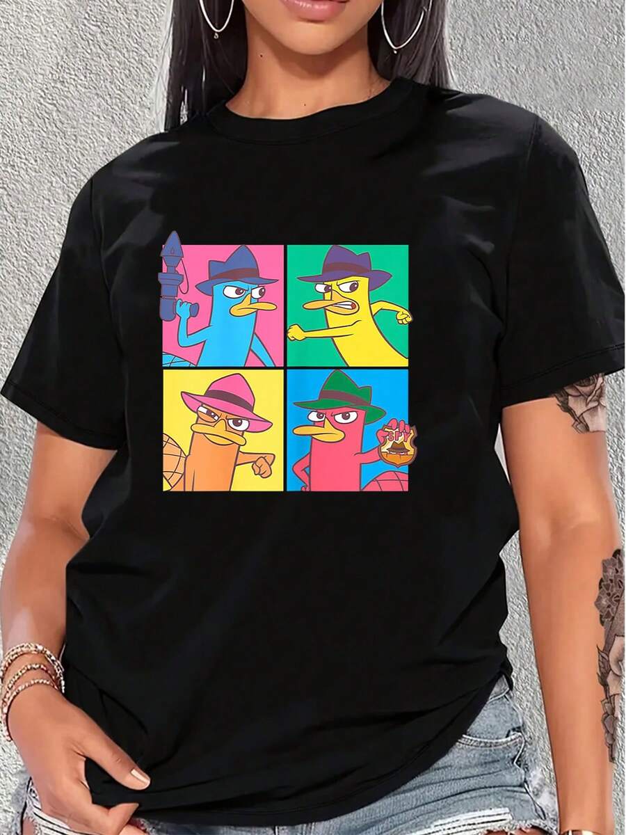 Figura colorida que muestra un divertido personaje con sombrero en cuatro expresiones de valentía y humor simbolizando energía positiva y espíritu aventurero camiseta de mujer casual cómoda para uso diario - Negro - Ver 1