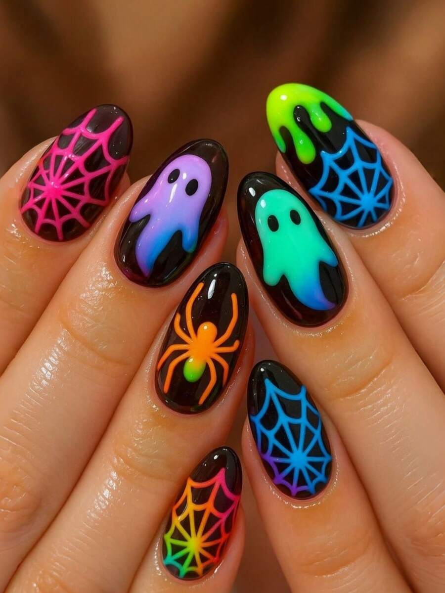24pcs Halloween Glow-In-The-Dark Nail Decals, Luminous Ghost & Spider Web Nail Stickers, Y2K Style Cute Almond Shaped Fake Nails, Nail Art Supplies - Multicolor - View 1
