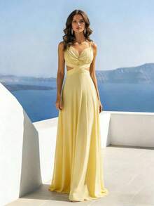 Vestido de cóctel elegante y largo de gasa para mujer, con escote de tirantes finos, diseño de espalda descubierta y bajo acampanado, para boda y fiesta de primavera - Amarillo - Ver 3