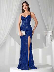 Vestido de noche con abertura alta en el muslo, con lentejuelas y diseño de patchwork, con espalda descubierta y silueta de sirena para mujer - azul real - Ver 7