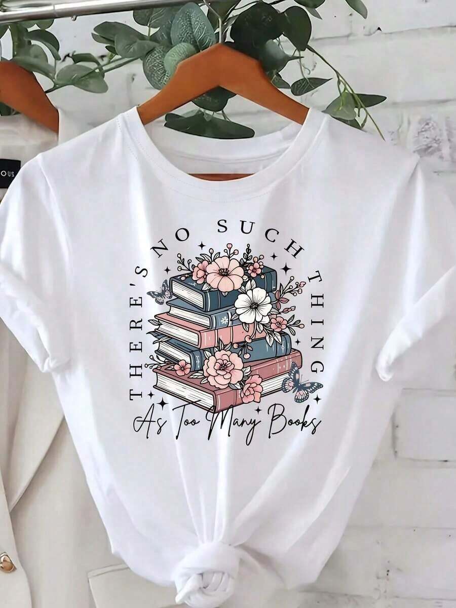 Camiseta Moderna y Minimalista para Amantes de los Libros - Camiseta con Diseño Gráfico de "No Existen Demasiados Libros" con Pila de Libros y Diseño Floral - Camiseta Casual para Noches de Lectura - Blanco - Ver 1