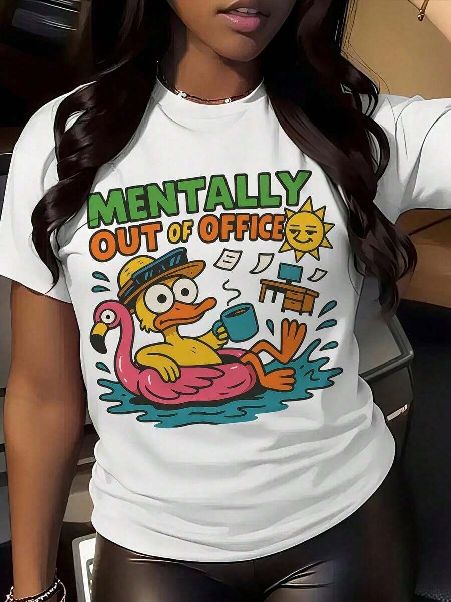 Una camiseta femenina de manga corta con un divertido estampado de animales que muestra ojos blancos de pato es una opción suave, cómoda, informal y transpirable. Es una excelente elección para una blusa blanca con estampado de animales divertidos para mujer. - Blanco - Ver 1