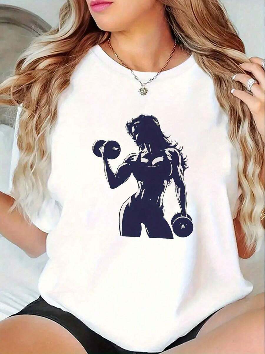 ropa de mujer 1pc Camiseta de fitness para mujer con estampado gráfico - Suave, elástica, transpirable, de cuello redondo y manga corta con diseño de levantamiento de pesas de dibujos animados para gimnasio, actividades casuales y al aire libre - Comodidad para todas las estaciones, ropa de gimnasio, camisas de mujer - Blanco - Ver 1