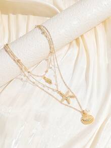 1 chiếc vòng cổ 3 lớp phong cách Bohemian, mặt dây chuyền hình vỏ sò và sao biển, vòng cổ choker ngọc trai giả kiểu dáng nghỉ dưỡng dành cho nữ. - Vàng - Xem 2