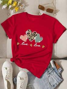 1 Piece Fashionable Casual Graphic T-Shirt For Men And Women With Heart And Lettering Motif For Women. Versatile, Easy To Match, Suitable For Daily Wear, Street Style, Vacation Wear, Weekend Wear. - Red - View 6