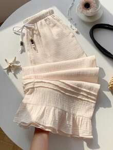 Pantalones casuales anchos con cintura con cordón para mujer - Negro - Ver 10