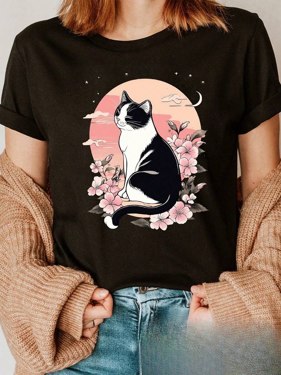 Women's Plus Size Anime T-Shirt - Black And White Japanese Kawaii Graphic Tee, Soft Crew Neck T-Shirt For Everyday Wear For Anime Fans And Pet Lovers - Cute Casual Top, Summer Outfit, Fun Design, Breathable Material, Short Sleeve T-Shirt, Fashion Enthusiasts - 黑色 - 查看 1