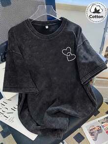 1 pieza de camiseta holgada para mujer |     Estampado de Doble Corazón |     Vintage envejecido |     Camiseta Casual de Uso Diario con Estampado Y2K y Cuello Redondo para Mujer, para Vacaciones, Festivales, Primavera, Verano, Camisetas Gráficas, 180g Algodón 100% - Negro - Ver 8