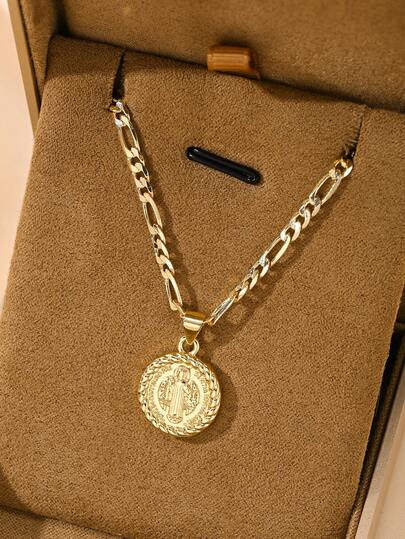 1PC Fashion Retro Religious Pendant Necklace For Women, Classic St. Benedict Pendant Design, Exquisitely Inlaid With Sparkling Zirconia, Luxury And Delicate Texture. Equipped With 50cm Figaro Chain, Comfortable And Tangle-Free, Retro Elegant With Sacred Charm, Perfect For Daily Wear, Religious Worship And Gifts.