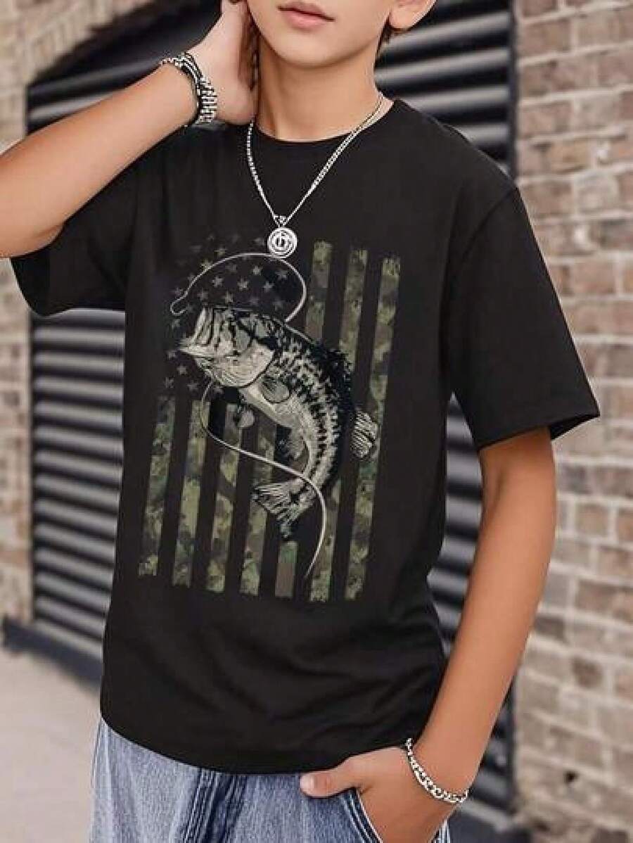 Clothing (Only Available For The Short-Sleeved T-Shirt Shown In The Image) "Casual Short-Sleeved T-Shirt With Graphic Print And Round Neck For Boys And Teens, Summer Top. Exquisite Pure Cotton T-Shirt For Children, Suitable For Various Everyday Occasions. - 黑色 - 查看 1