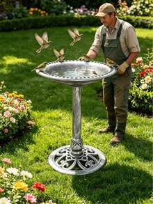 Antique Silver Polyresin Pedestal Bird Bath, 20"X28" Weather Resistant Fillable Stable Birdbath With Fleur-De-Lis Decor, 0.8 Gallon Outdoor Garden Lawn Patio Wild Bird Sanctuary - A - Xem 1