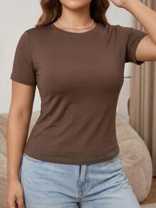 Plus Size Built-In -Shirt, Short Sleeve Ultra-Thin Seamless Top, Elastic Comfortable With Padded Cups, Everyday Basic - Black - View 3