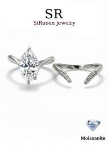 1 bộ nhẫn cưới nữ, nhẫn xếp chồng hình chữ V đính đá đơn, bạc 925 sterling 3.5g, moissanite 2 carat, phong cách cung điện Bohemian sang trọng, mùa cưới, đính hôn, kỷ niệm ngày cưới, quà tặng Valentine, kèm chứng nhận moissanite và hộp quà thanh lịch - 2ct moissanite - Xem 10