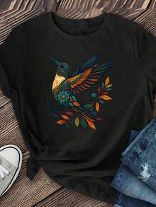 Cute Little Bird Lady Short-Sleeved, Casual Short-Sleeved T-Shirt, Ladies' Clothing, Casual Short-Sleeved Round-Neck Top For Spring And Summer - 黑色 - 查看 1