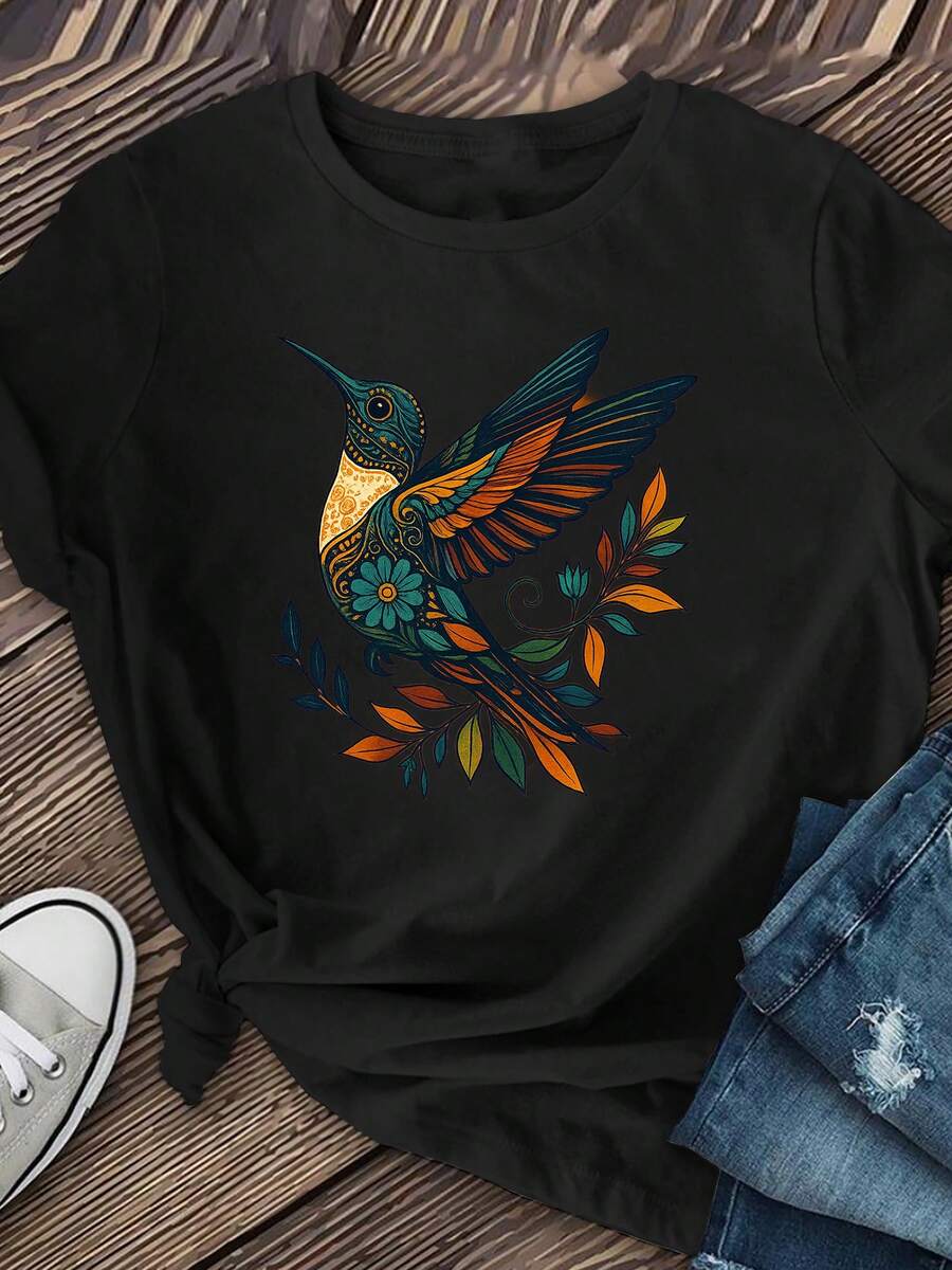 Cute Little Bird Lady Short-Sleeved, Casual Short-Sleeved T-Shirt, Ladies' Clothing, Casual Short-Sleeved Round-Neck Top For Spring And Summer - 黑色 - 查看 1