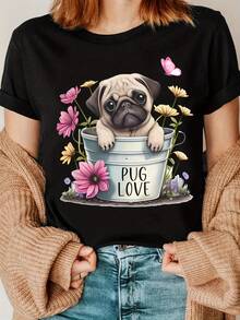 Una divertida camiseta estampada con pugs, perfecta para los entusiastas de estos adorables perros - Negro - Ver 2