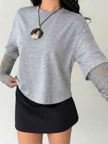 Women's Solid Color T-Shirt With Minimalist Lace Sleeves For Everyday Wear - 淺灰色 - 查看 5