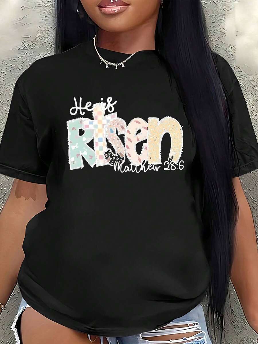 Short-Sleeved Cotton Easter "He Is Risen" T-Shirt With Christian Bible Verse Matthew 28:6, Religious Faith Gift For Women And Men, Lightweight And Comfortable Garment For Church, Home Or Casual Outings - 黑色 - 查看 1