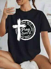 Christian T-Shirt "Pray Over, For, And Through" - Inspirational T-Shirt With Verse, Cross, And Prayer Design, Soft Unisex Short-Sleeve Crew Neck T-Shirt For Men And Women, White With Black Lettering - Faith-Based Gift Idea - 黑色 - 查看 1