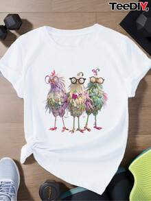 Women's Plus Size Short Sleeve Crew Neck Sports T-Shirt With Anthropomorphic Chicken Pattern Print - Putih - View 1