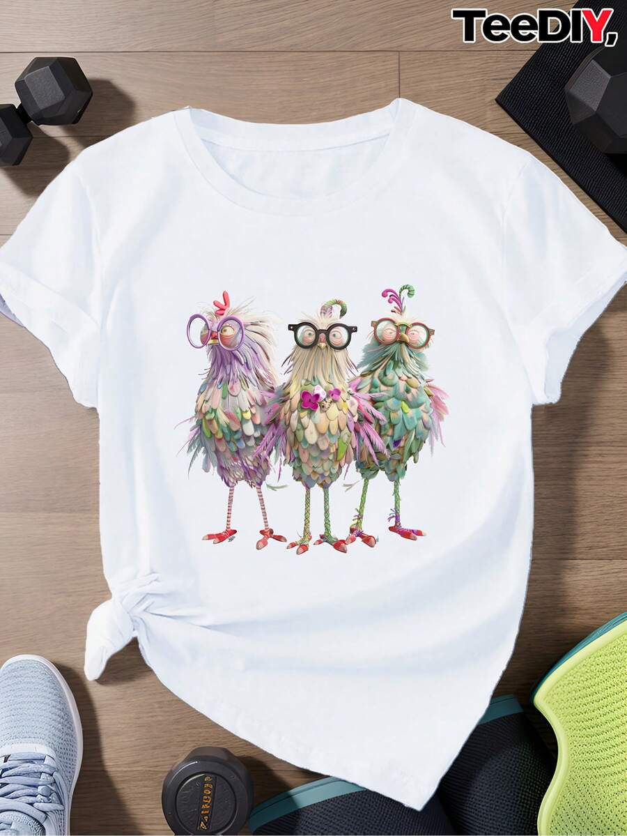 Women's Plus Size Short Sleeve Crew Neck Sports T-Shirt With Anthropomorphic Chicken Pattern Print - Putih - View 1