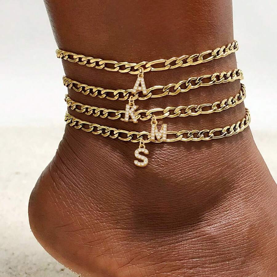 1pc Classic Initial Anklet Women Golden Stainless Steel Figaro Chain Anklets For Women - Yellow Gold - View 1