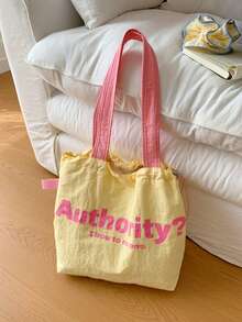 2025 New Drawstring Large Capacity Shoulder Canvas Bag, Japanese Letter Nylon Handbag Tote Bag For Commuting - Yellow - View 3