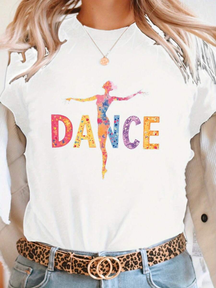 Camiseta Casual de Manga Corta y Cuello Redondo para Mujer 2026 - Estampado con diseño Bold DANCE, diseño geométrico, elasticidad media, lavable a máquina, cómoda para uso diario en primavera y verano, camiseta de manga corta atractiva, tela opaca, textura suave, camiseta de la colección de moda de primavera. - Blanco - Ver 1