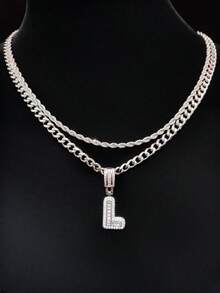Bộ 2 món: 1 mặt dây chuyền chữ cái đính đá Cubic Zirconia & 2 dây chuyền thép không gỉ, 26 chữ cái tiếng Anh, Dây chuyền mặt dây chuyền phong cách hip hop cổ điển dành cho nữ, Thích hợp đeo hàng ngày hoặc dự tiệc, Quà tặng ngày Valentine - Bạc - Xem 30