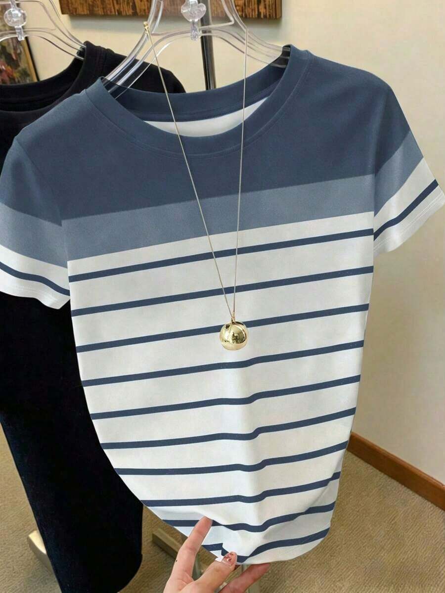 Camiseta blanca de mujer con estampado de rayas de color azul real, perfecta para el verano, camiseta de moda, camiseta de moda, regalo para hermanos, regalo para hermana, regalo para madre, regalo del Día de la Madre, tops casuales pero de moda - Azul - Ver 1