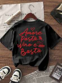 Nueva Camiseta de Verano Minimalista de Moda Italiana con Estampado de Letras de Vino y Pasta, Cuello Redondo, Manga Corta, Versátil y Elegante para Mujer, Blanca - Negro - Ver 2