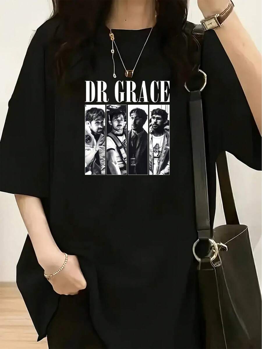 Unisex Short-Sleeved T-Shirt, Loose Fit. T-Shirt With "DRGRACE" Text. Multi-Panel Black And White Silhouette Combination Pattern. Fashionable Women's Spring/Summer T-Shirts. Men's Style T-Shirts. Woman, Romwe Men, Boho Chic, Teachers Gifts, T-Shirt For Curvy Women's Sets, Y2k. - 黑色 - 查看 1