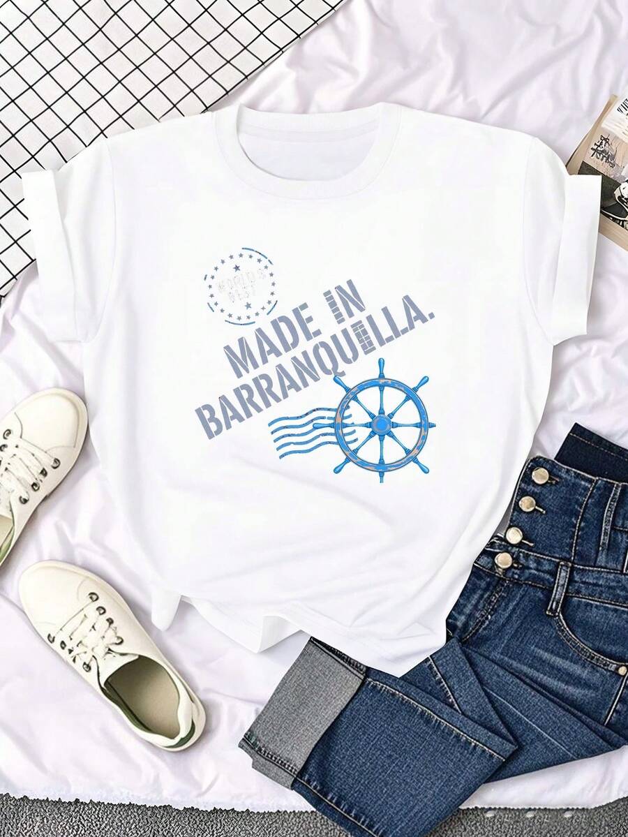 Women's Casual T-Shirt, Ocean Cultural Heritage Theme, Made In Barranquilla, Short Sleeve T-Shirt. - 白色 - 查看 1