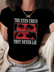 Camiseta Casual THE EYES CHICO, una Camiseta Estampada de Cuello Redondo Que Nunca Miente, Top Corto para la Moda, Adecuada para Verano y Primavera, Ropa de Mujer - Negro - Ver 6