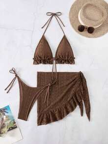 Conjunto de bikini de 3 piezas con tapa de falda, estilo de vacaciones en la playa, para mujer, con bikini halter sin espalda y encaje sexy - Café integral - Ver 8