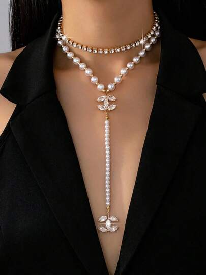 2pcs Set Elegant Crystal Faux Pearl Layered Necklace, Shiny Crystal CC Pendant Y-Necklace, Suitable For Daily Wear, Dates, Parties And Other Fashionable Jewelry