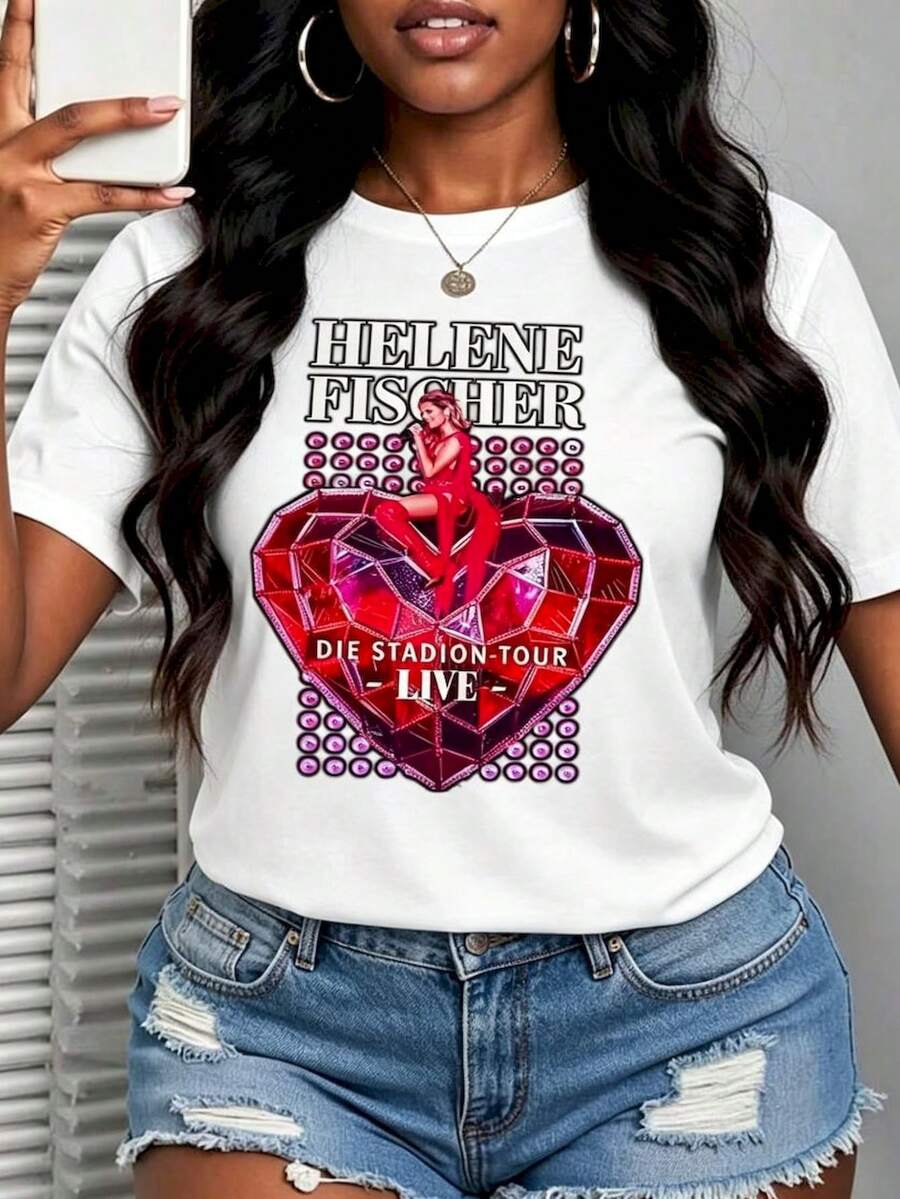 Damen 100% Baumwolle Freizeit-T-Shirt mit Herz-Bühnenmotiv, Lässig - Weiss - Übersicht 1