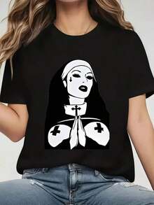 Women's Gothic Nun Graphic T-Shirt - Black Religious Shirt With White Eye Outlining - Stretchy Fabric For Halloween, Gothic Parties, And Casual Wear - Bold Catholic Nun Costume - Casual Wear, Gothic Accessories, Halloween Outfit, Medium Elasticity - 黑色 - 查看 3