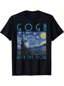 Gogh's "The Starry Night" 2026 Print T-Shirt, Casual Streetwear Top, Soft Short Sleeve T-Shirt For Everyday, Party, And Going Out. - Back - View 1