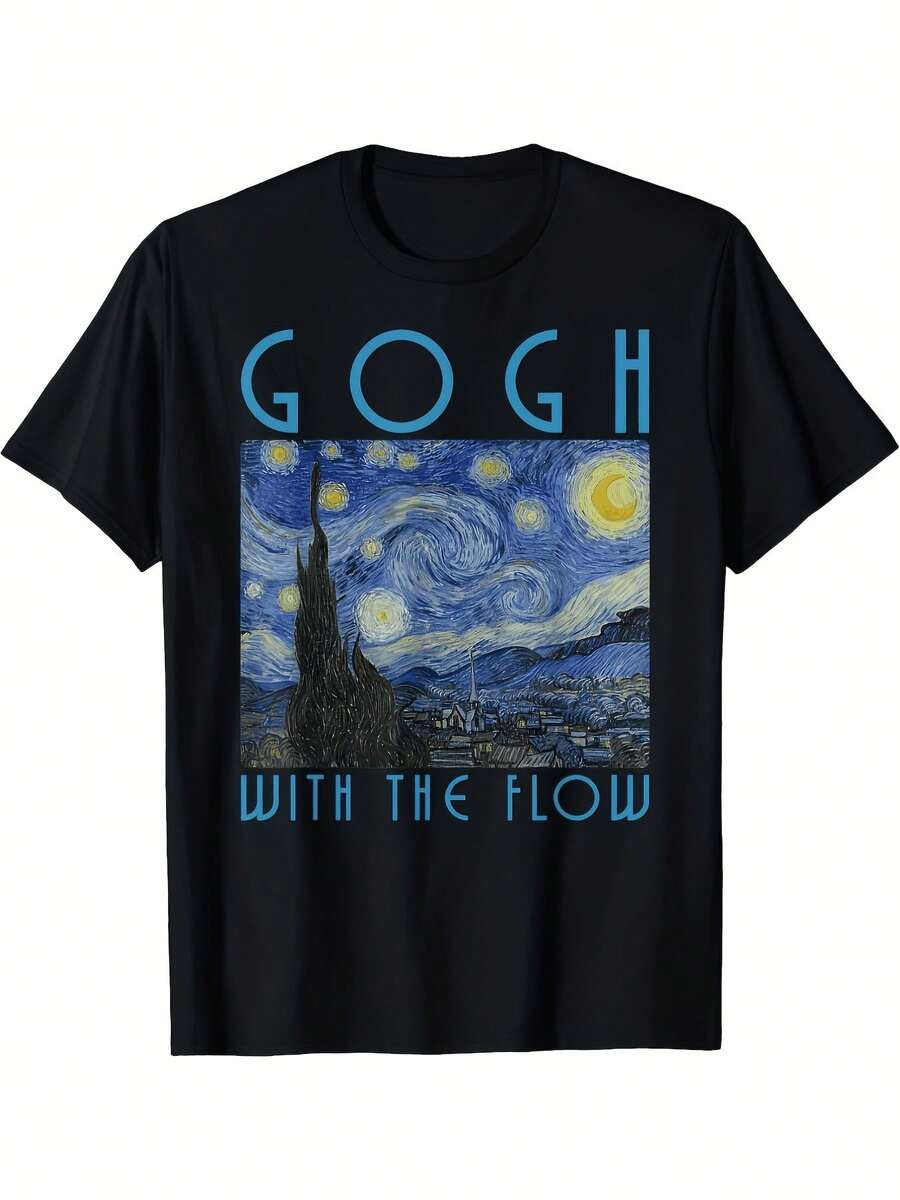 Gogh's "The Starry Night" 2026 Print T-Shirt, Casual Streetwear Top, Soft Short Sleeve T-Shirt For Everyday, Party, And Going Out. - Back - View 1
