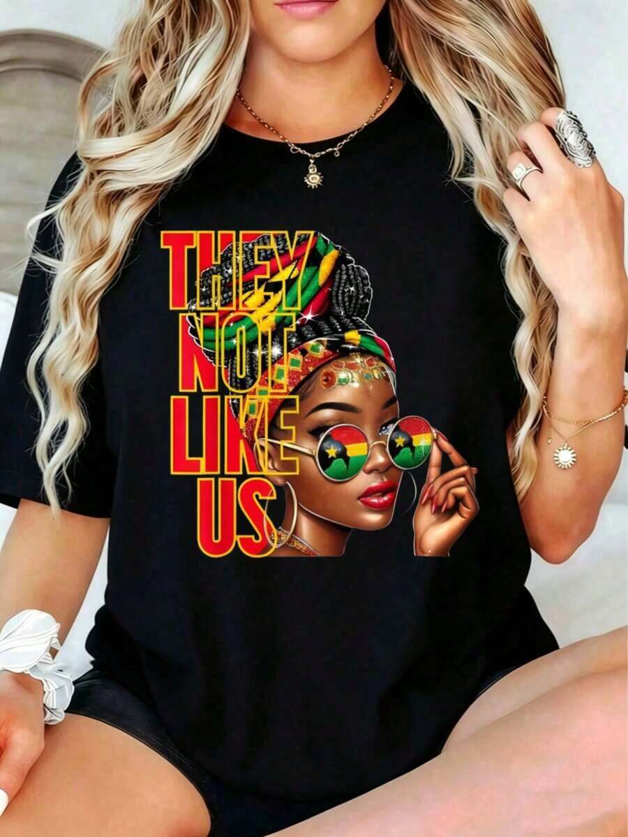 Fashionable Casual T-Shirt For Women With African Woman Print In Colors And Sunglasses, "We Don't Like Them", Summer Clothes To Gift To Friends And Family - 黑色 - 查看 1