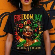 Women's Juneteenth 1865 Graphic T-Shirt, Honoring Our Legacy, Afro Queen Tee, Black History Pride, Casual Cotton Top, Summer Festival Outfit - 黑色 - 查看 1